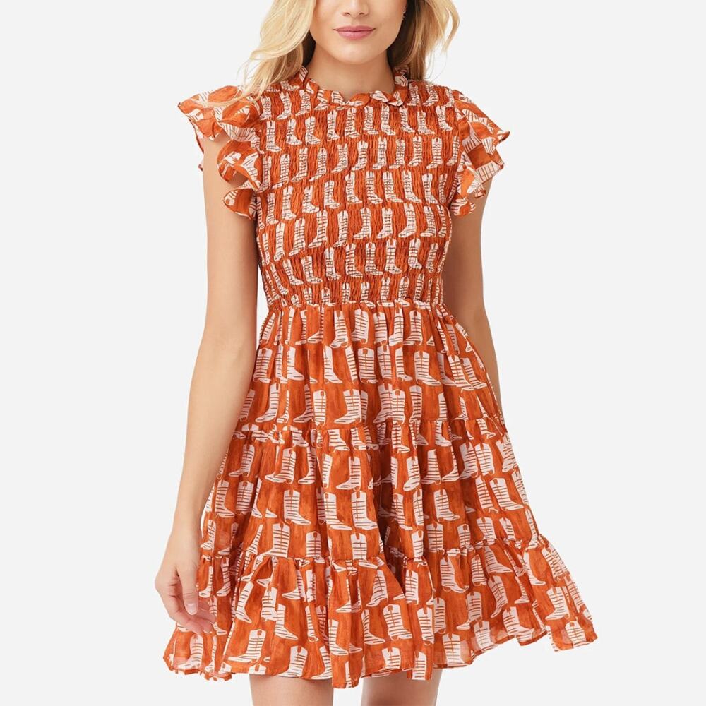 J.Marie Dixie Boot Print Orange White Ruched Dress Size M